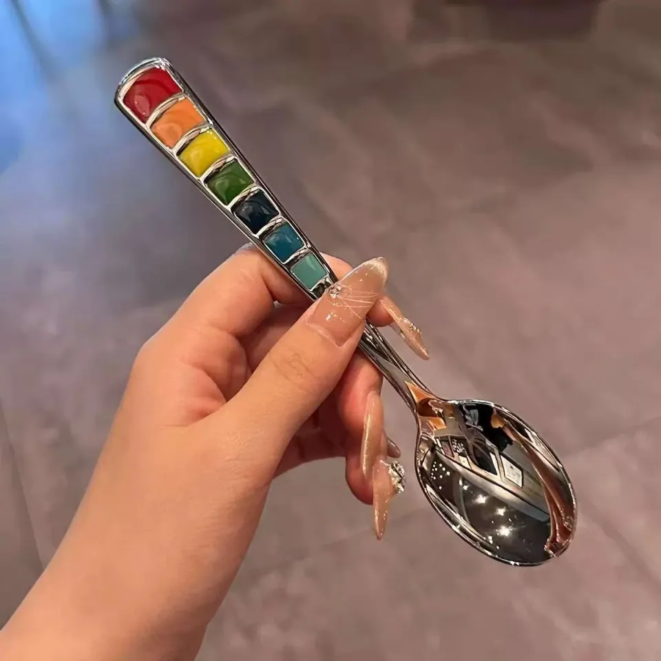 Rainbow enamel spoon, supplier catalog photograph