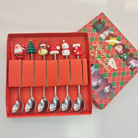 Silver machine polished -Dfigurine spoons 6pcsred Christmas box